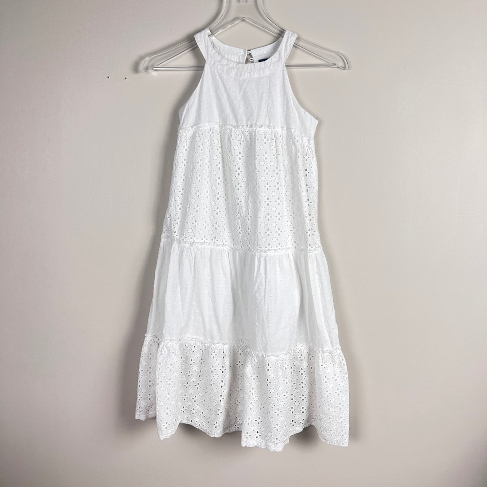 Lilt Eyelet Tiered Halter Dress Kids Size 7/8 White Cotton Swiss Dot Summer Boho